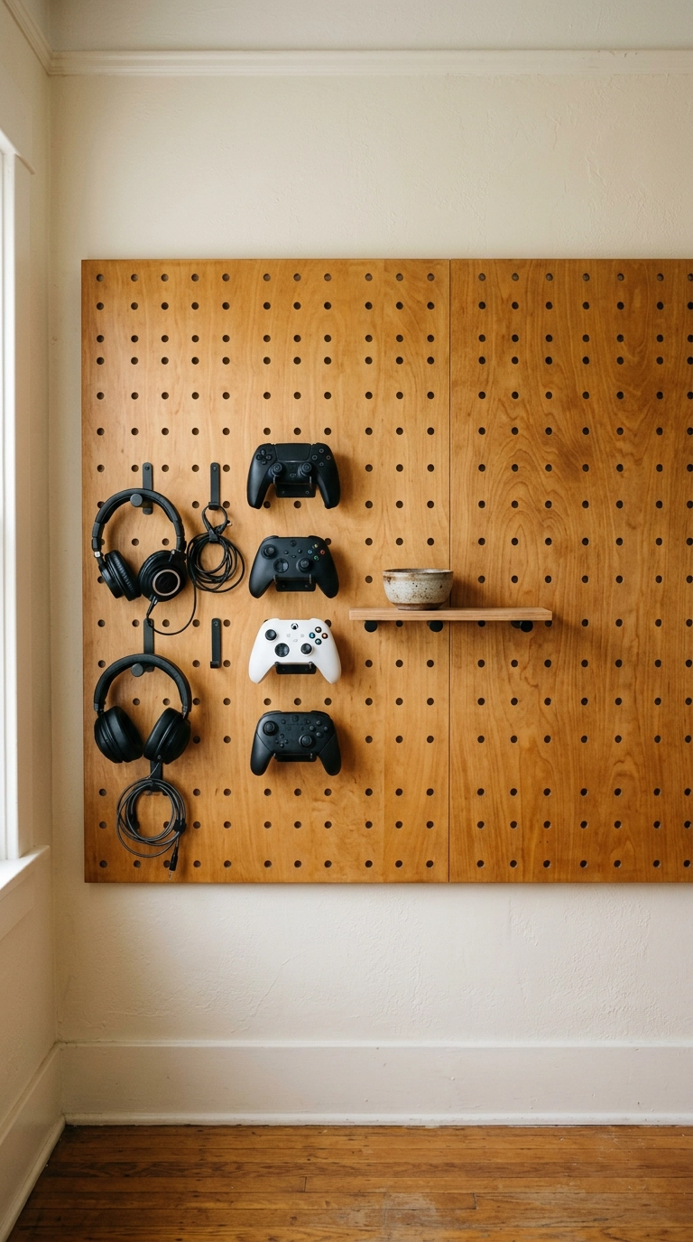 Honey-stained plywood pegboard wall with hooks holding headsets and controllers in a small game room