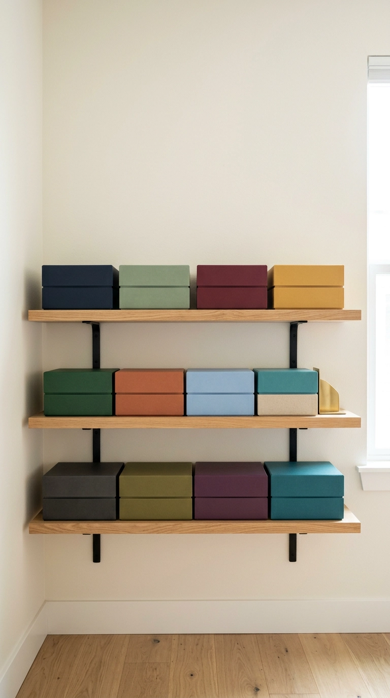 Three floating oak shelves holding stacked board game boxes on a bone-white wall