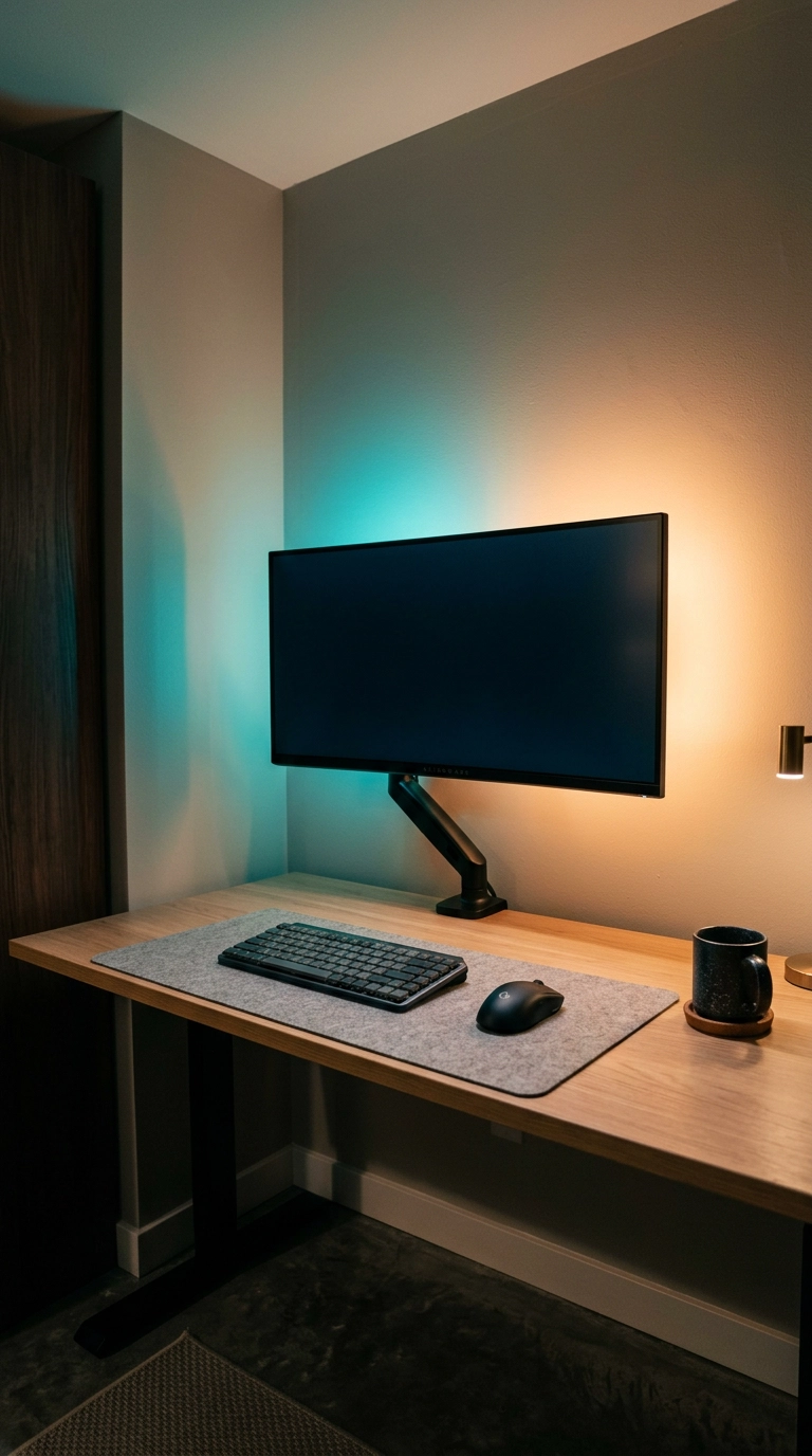 Small game room desk with a monitor and soft amber and teal bias lighting on the wall behind it