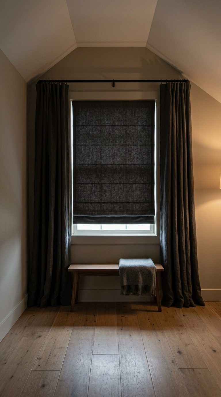 Blackout roman shade and linen curtains on a dormer window in a small bonus room game space