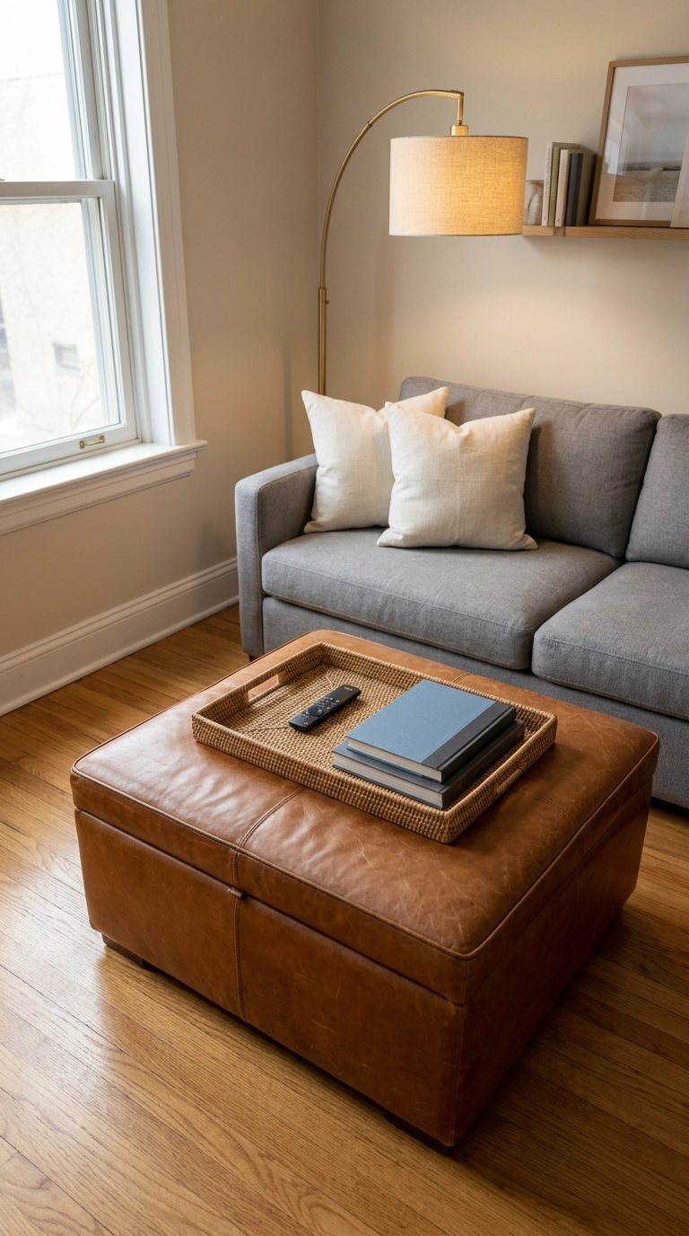 Cognac leather storage ottoman with a rattan tray in front of a grey sofa in a small game room