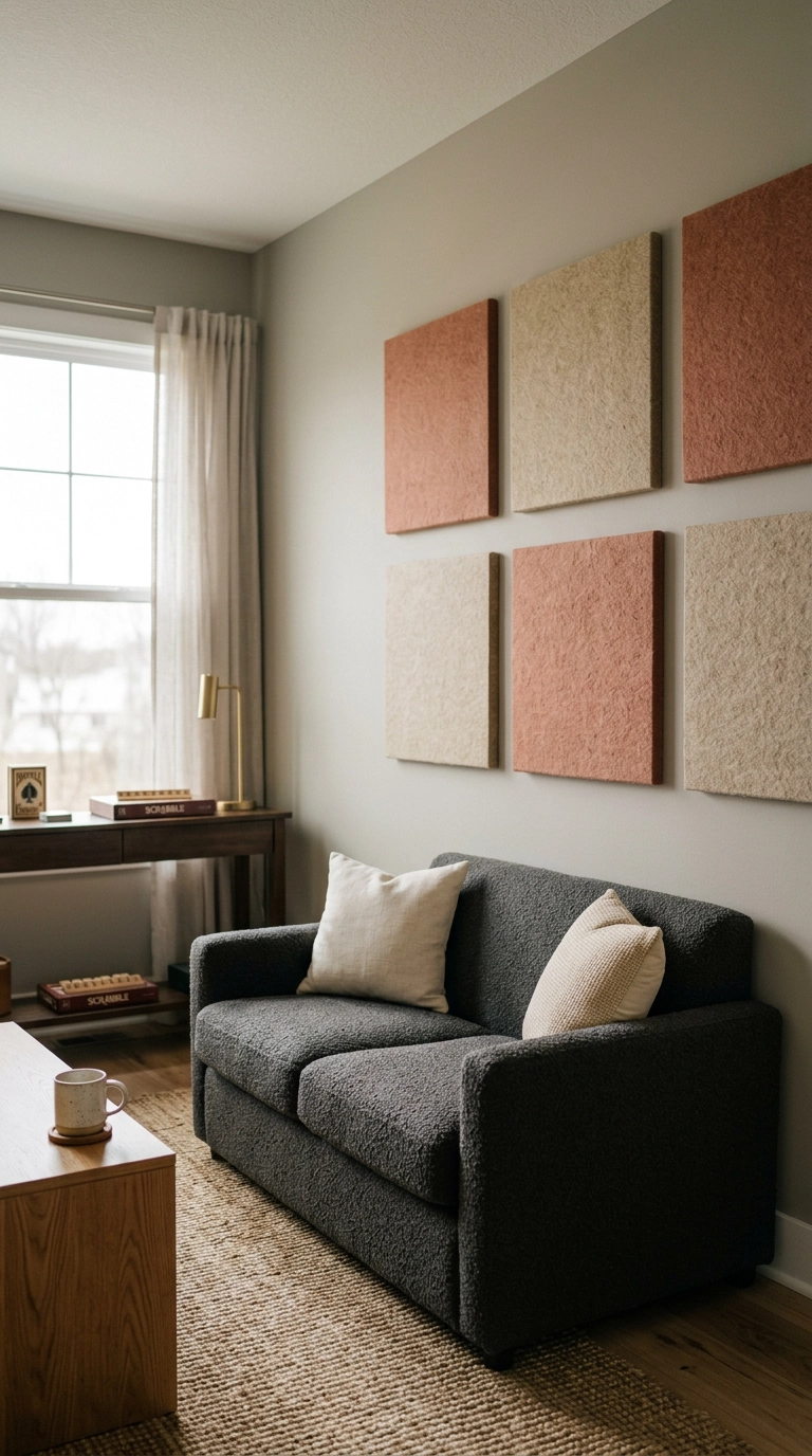 Offset grid of clay and sand felt acoustic panels above a charcoal boucle loveseat in a small game room