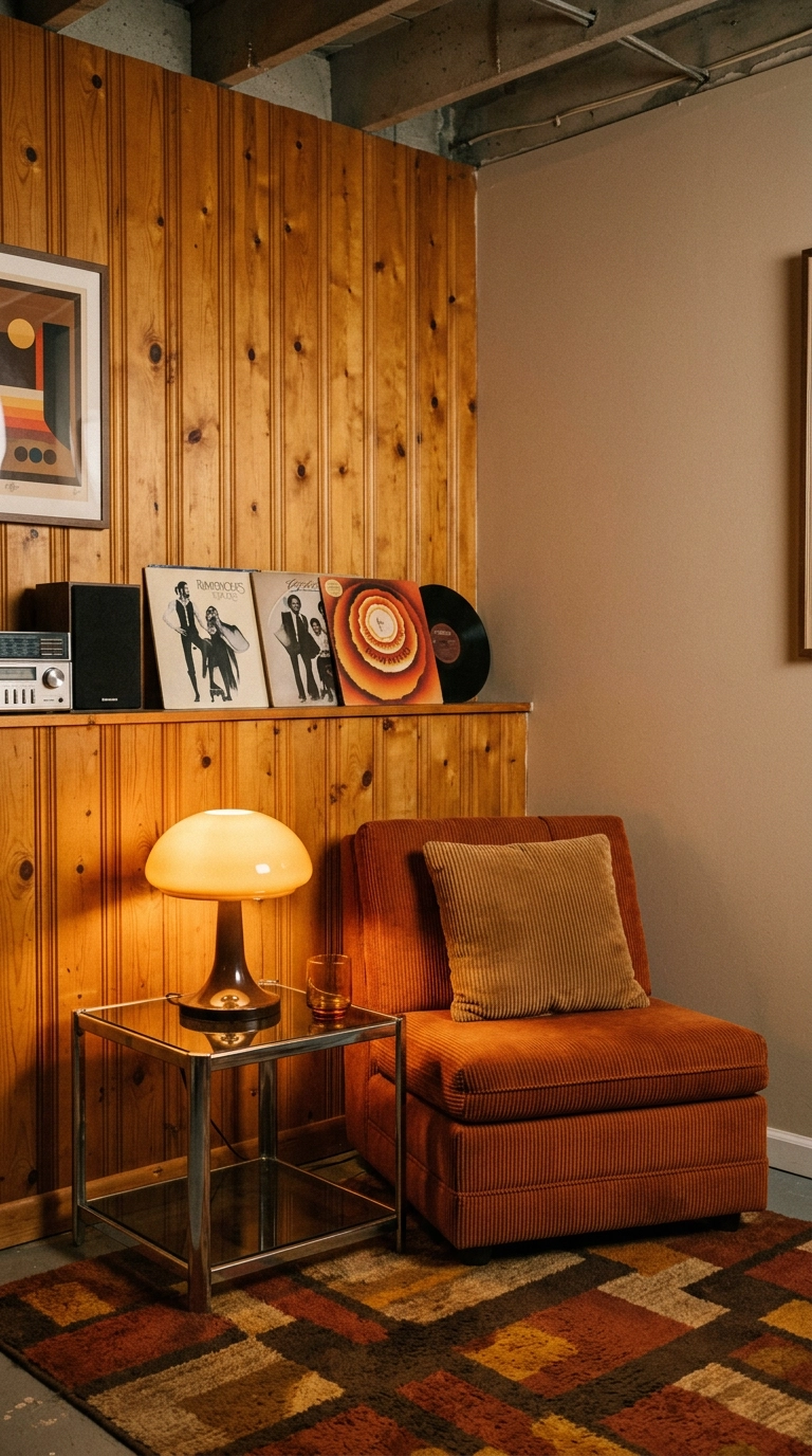 Golden pine paneled accent wall with a burnt orange armchair in a retro small game room