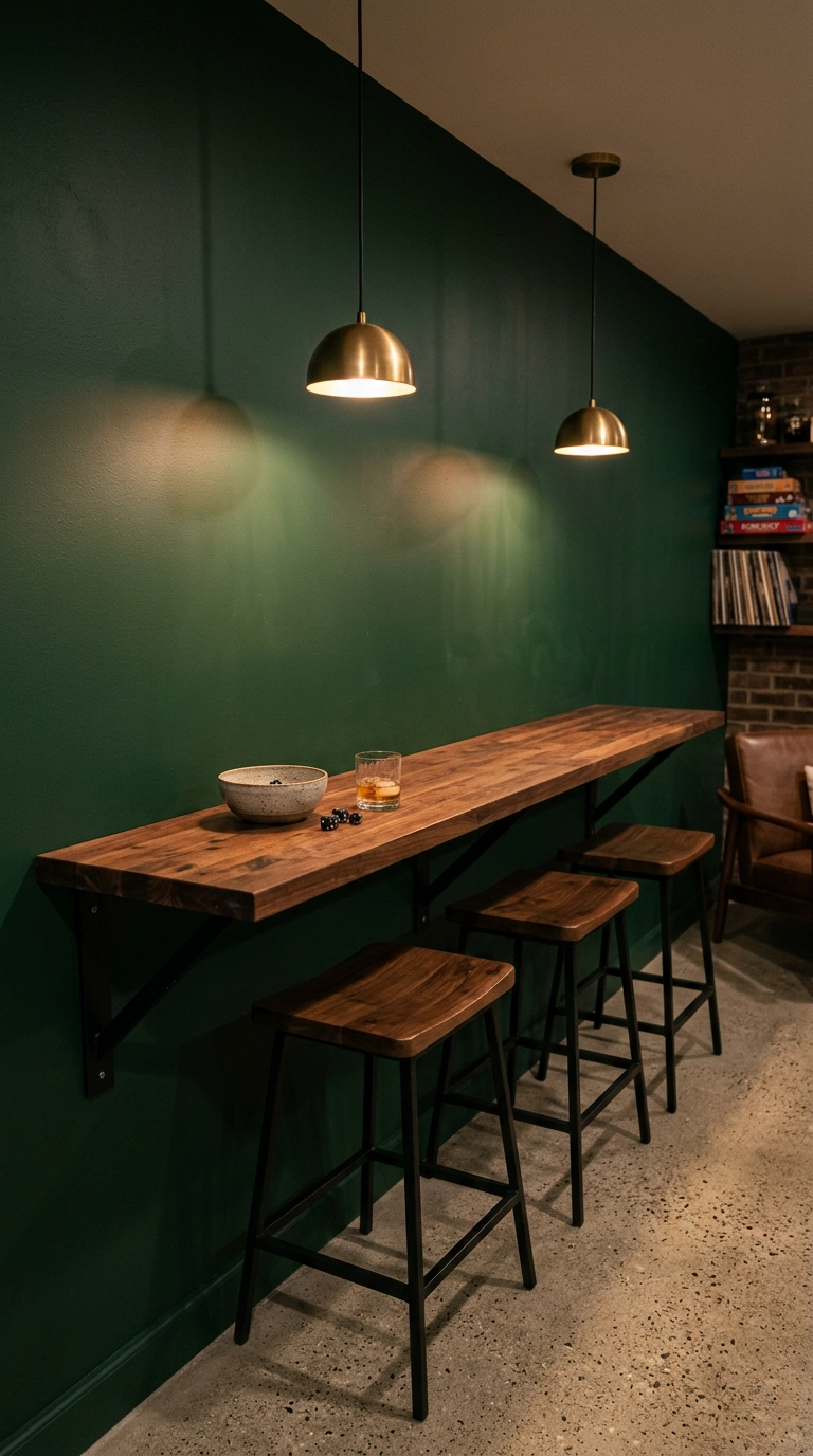 Narrow walnut bar ledge with three tucked stools and two brass pendants in a small game room