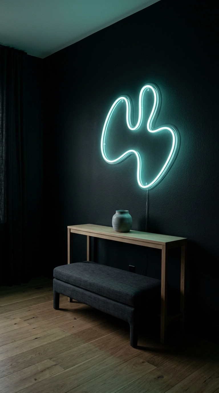 Abstract curved teal neon shape glowing on a matte black wall above an oak console in a game room