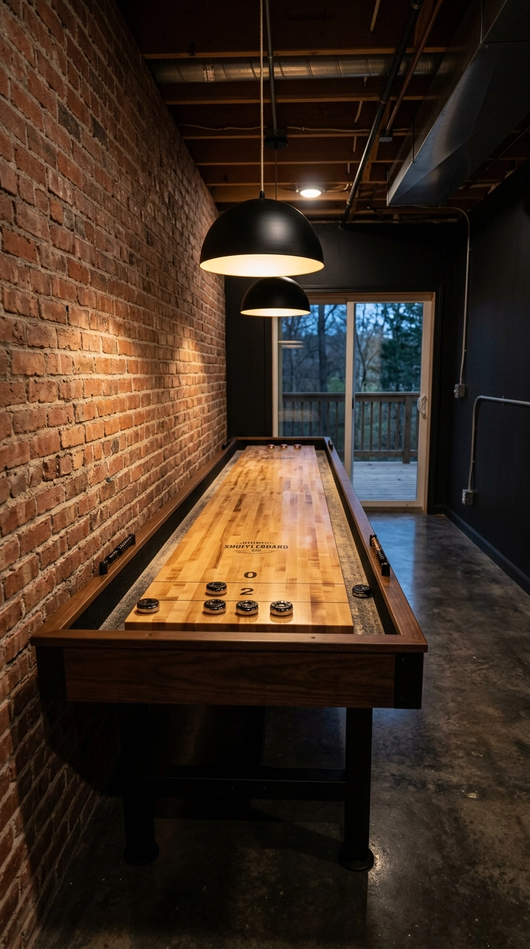 Nine-foot maple shuffleboard table along a brick wall in a small basement game room
