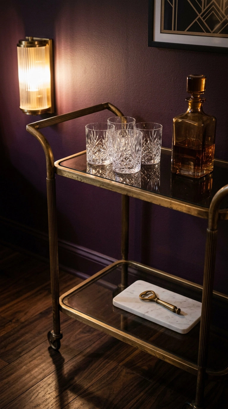 Slim brass bar cart with a decanter and three glasses against a plum wall in a small game room
