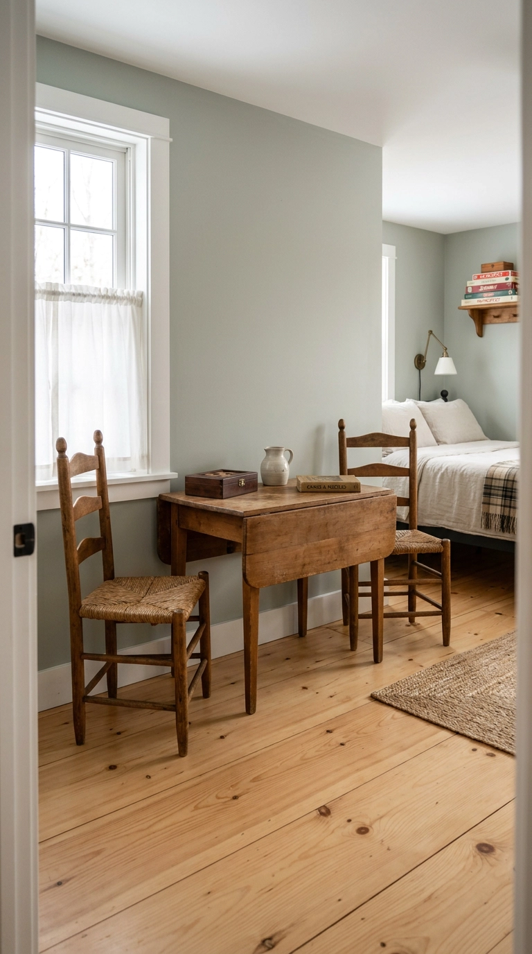 Drop-leaf wooden table with one leaf folded against a sage-grey wall in a small dual-purpose game room