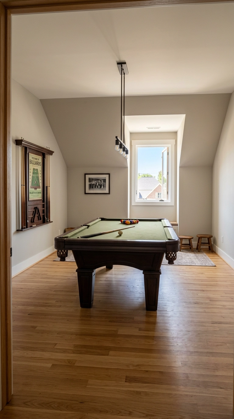 Seven-foot pool table centered in a small game room over a garage with clear cue space on all sides