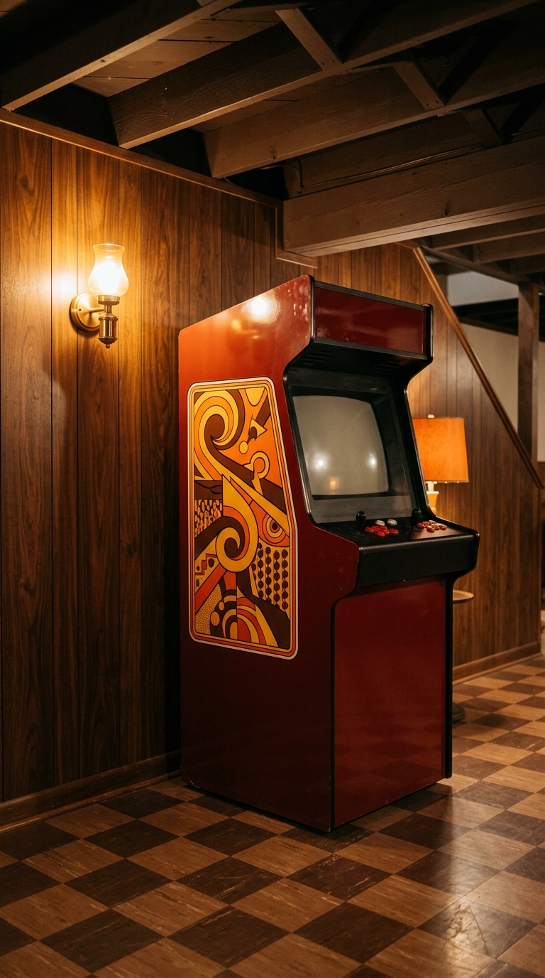 Single oxblood arcade cabinet against a walnut paneled wall in a small basement game room