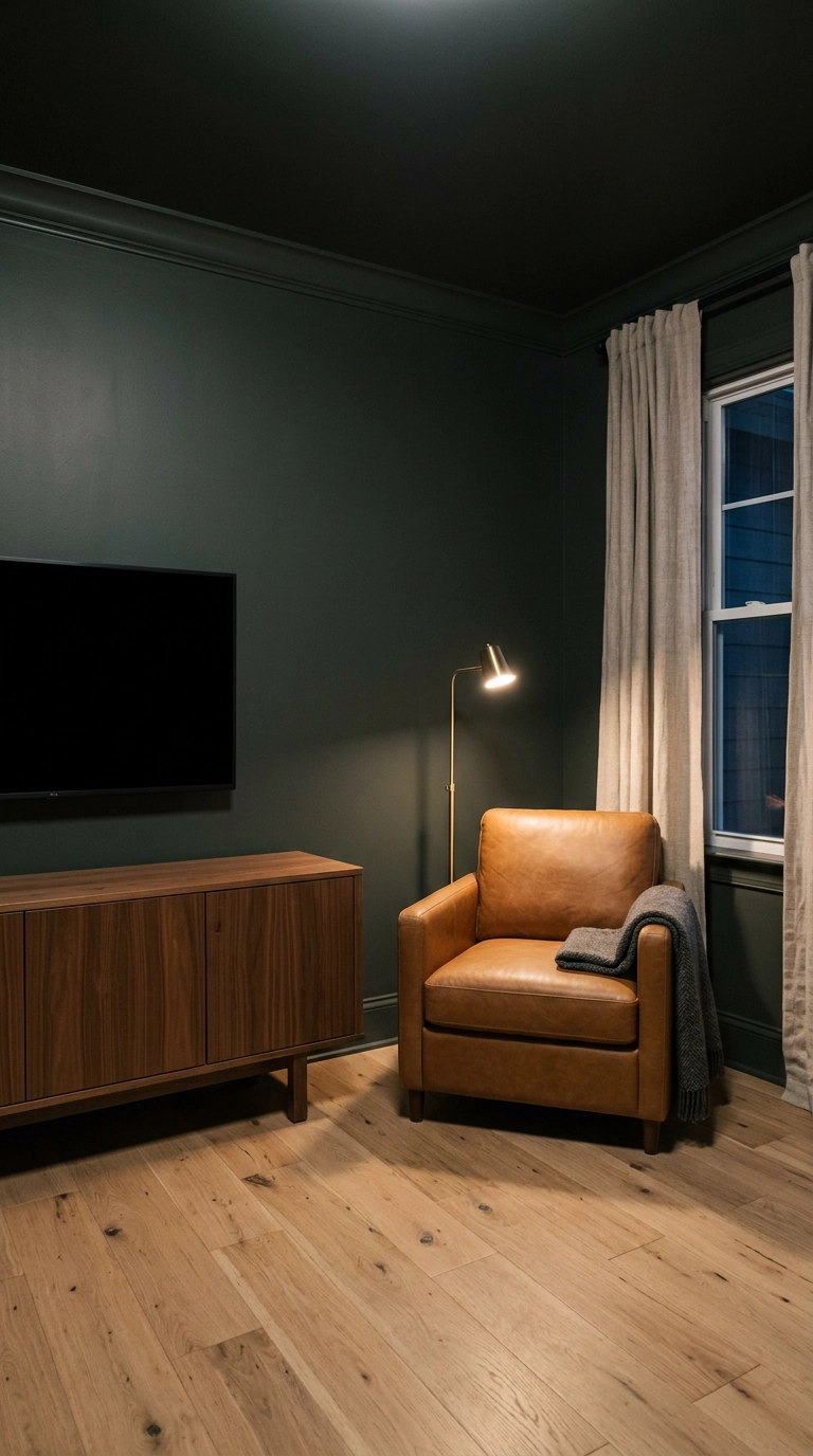 Small game room with charcoal-green color-drenched walls, walnut credenza, and a wall-mounted TV