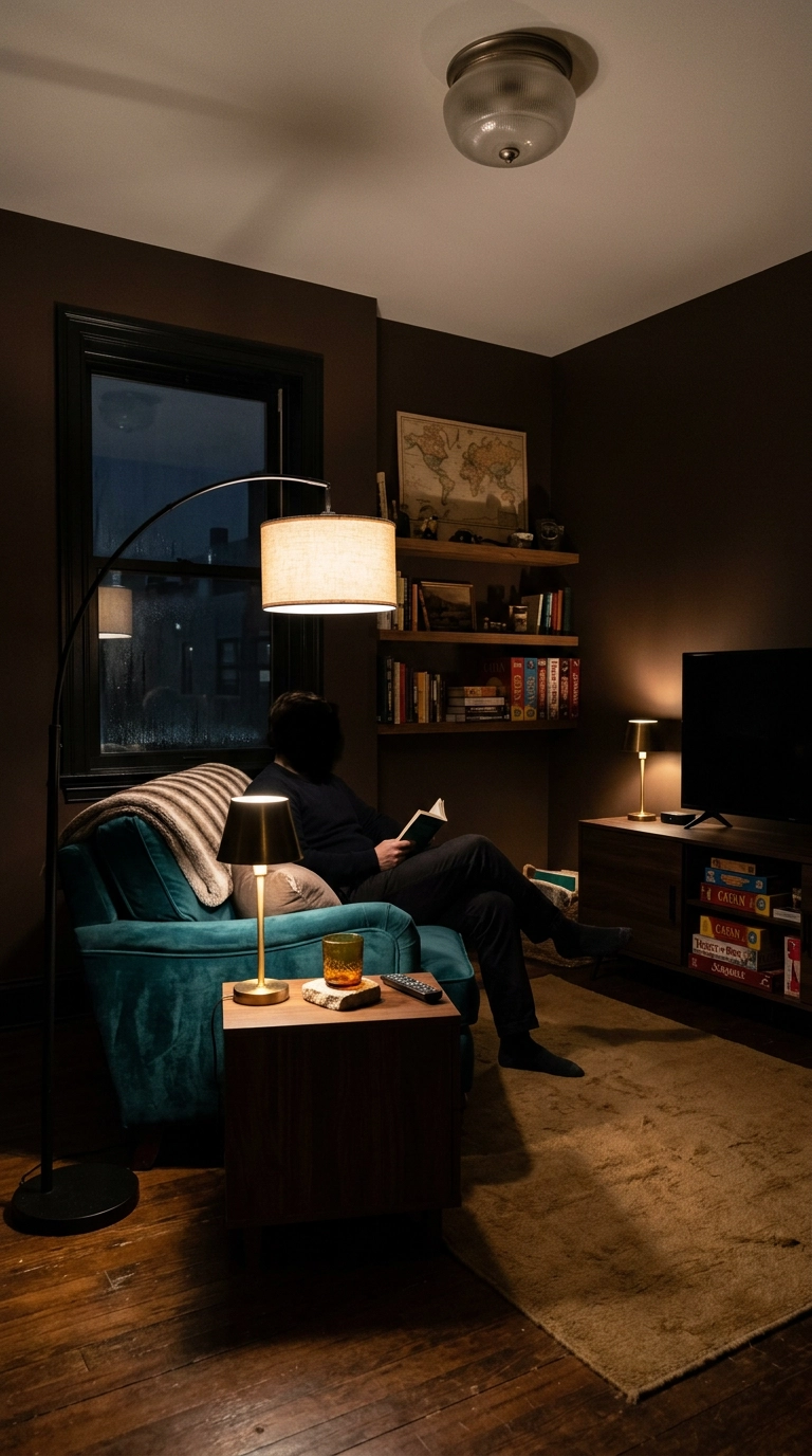 Small game room at night with a dimmed dome fixture, arc floor lamp, and brass table lamp
