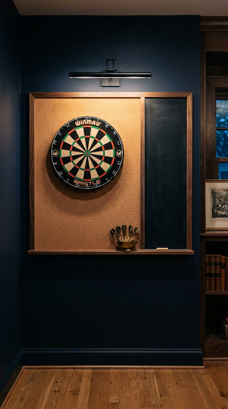 Dartboard mounted on a navy wall with a cork backing panel and a brass picture light above