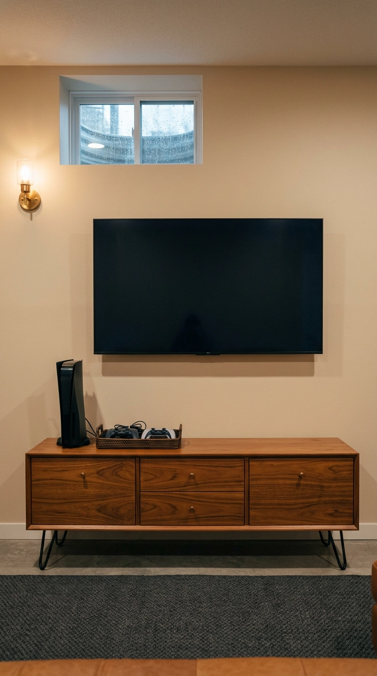 Small basement game room with a wall-mounted TV above a low teak credenza holding two consoles