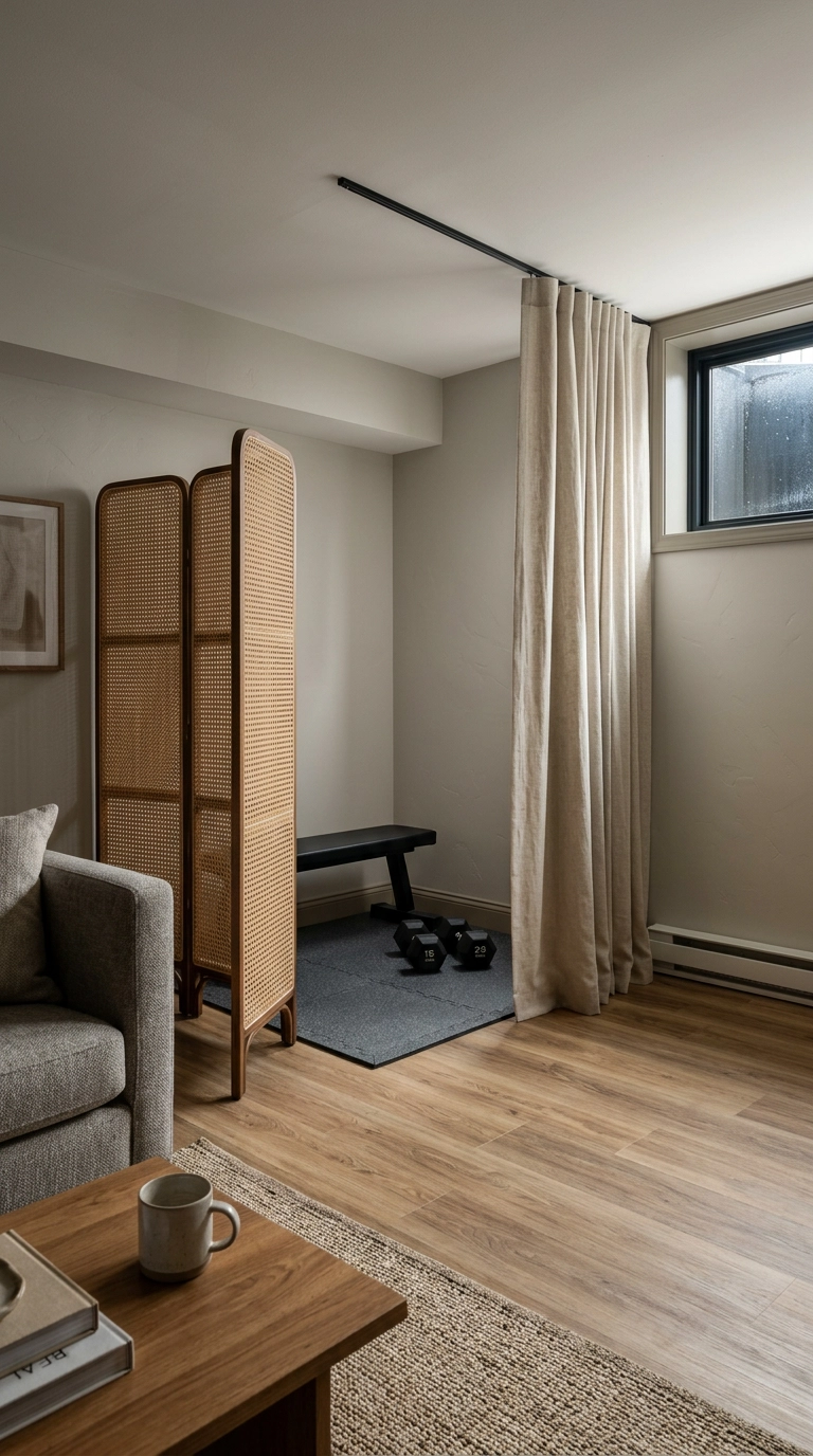Basement family room with a gym corner screened by a rattan folding screen and linen curtain divider