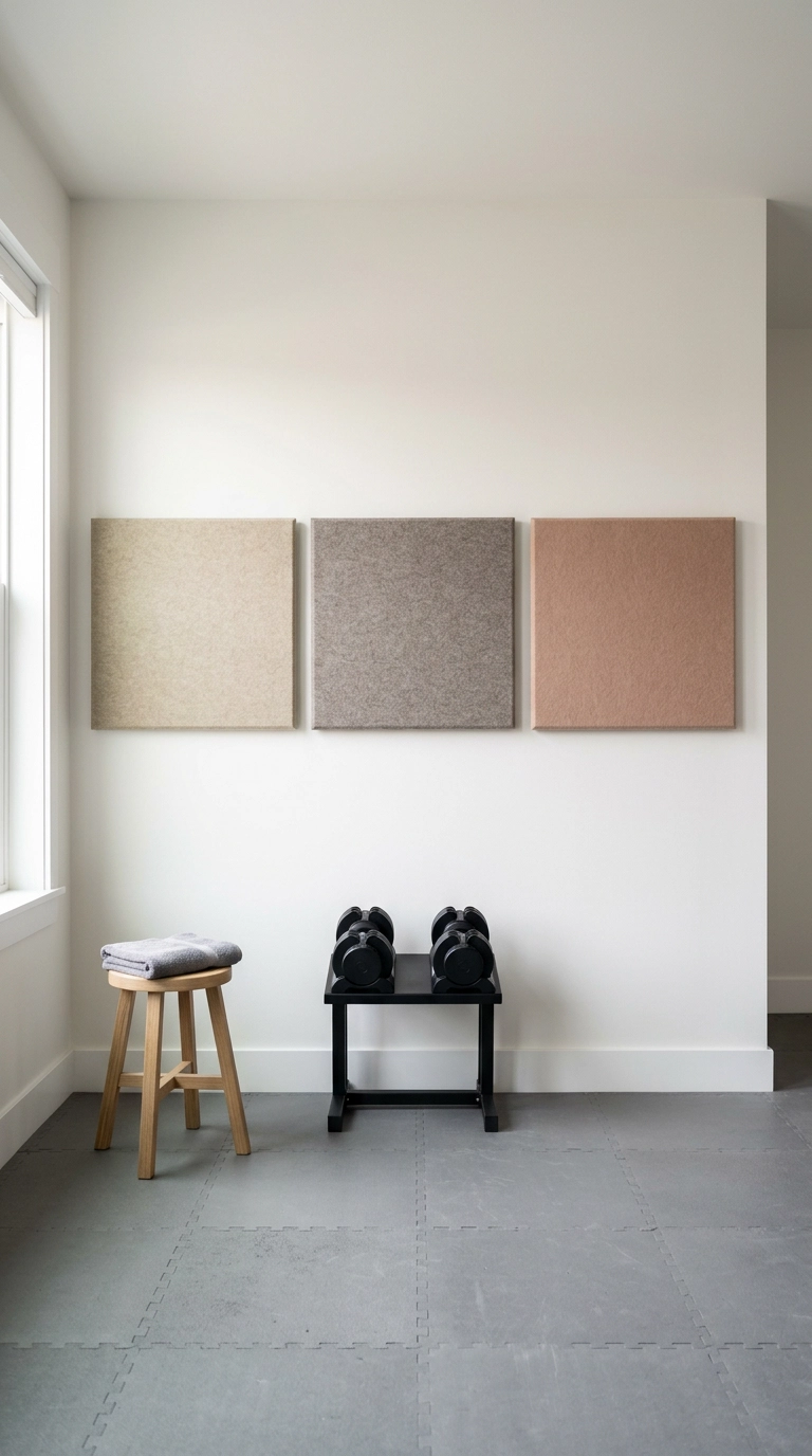 Home gym with three large acoustic felt wall panels in sand, grey, and clay above a dumbbell stand