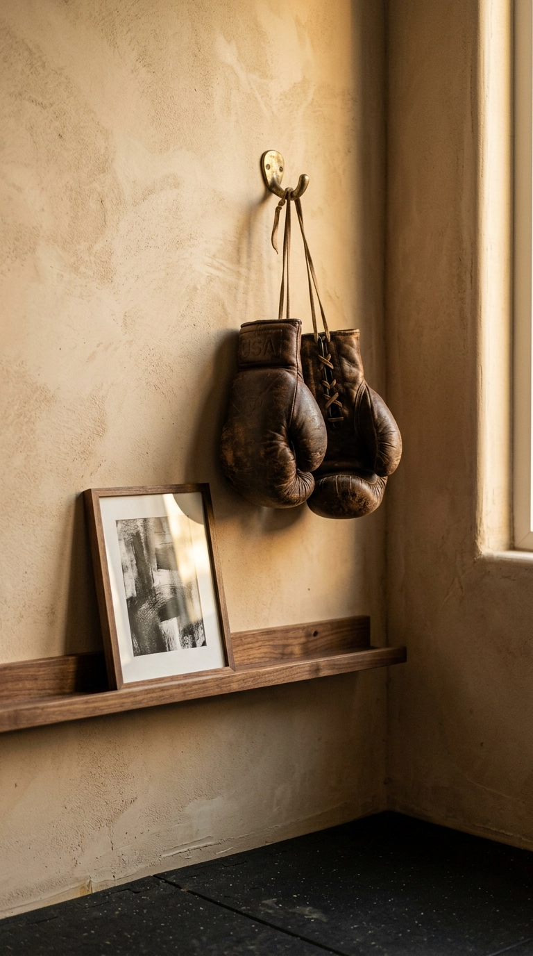 Worn leather boxing gloves hung on a brass hook against a clay limewash wall in a home gym corner