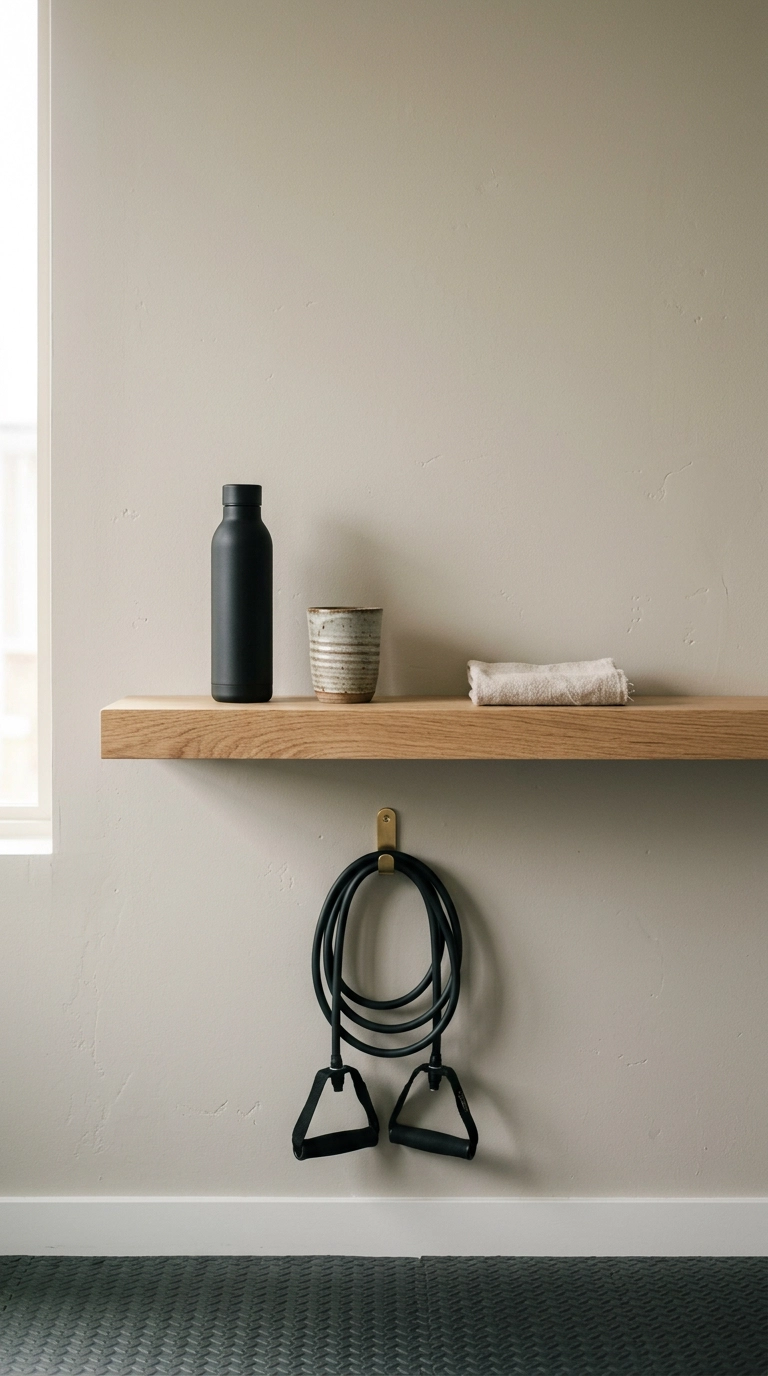 Floating white oak shelf in a home gym styled with a black water carafe, stoneware cup, and folded towel