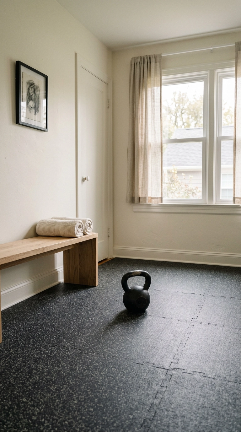 Small home gym with heathered charcoal rubber floor tiles, white oak bench, and creamy off-white walls