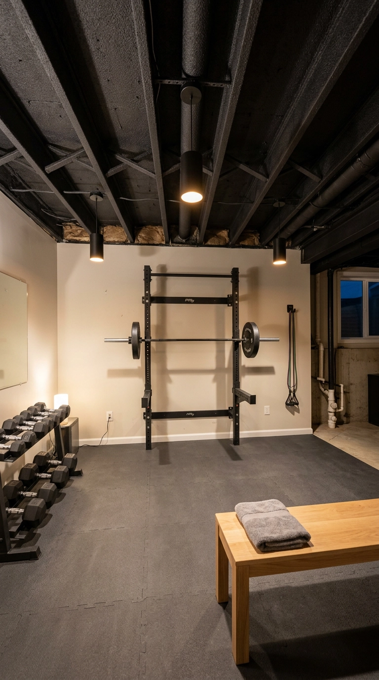 Basement home gym with exposed ceiling joists and ductwork painted matte charcoal black