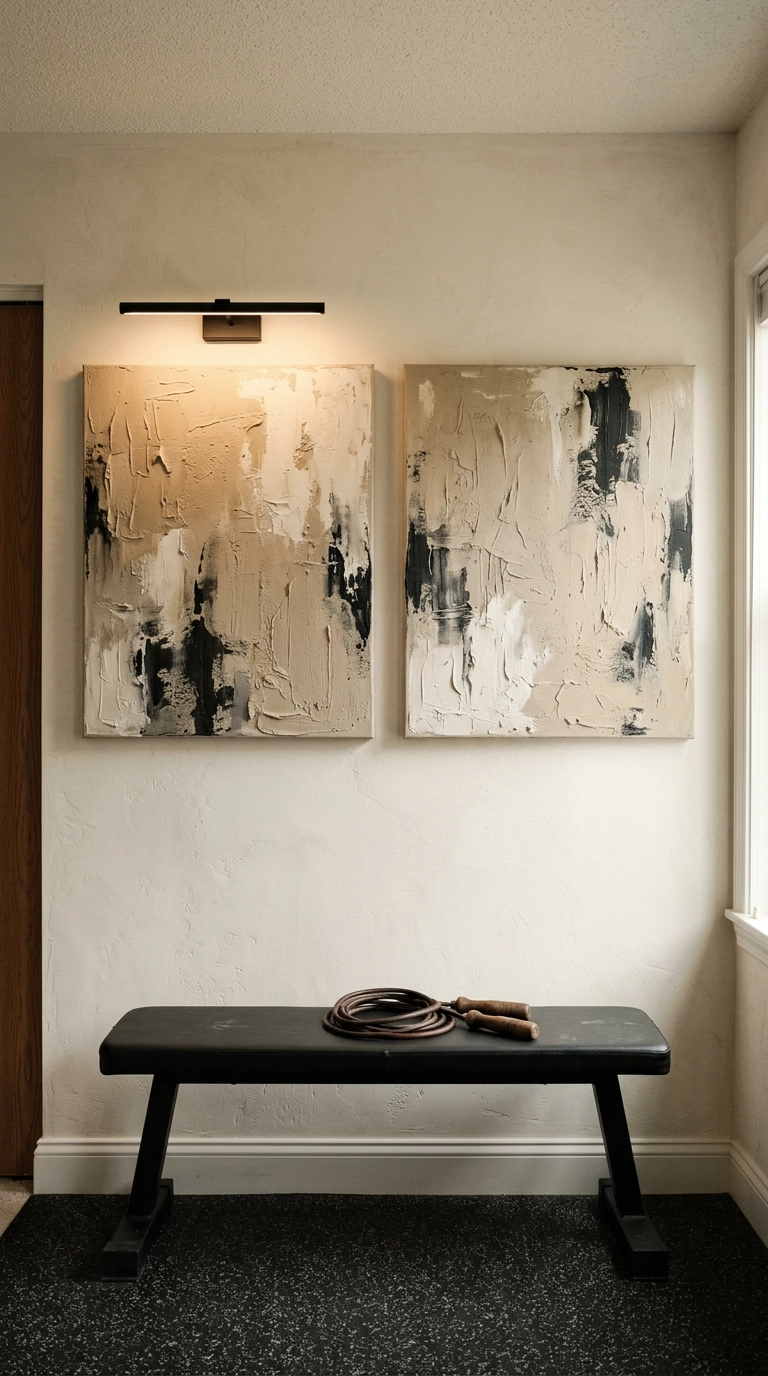 Home gym wall with two large abstract textural canvases in sand and black above a low bench