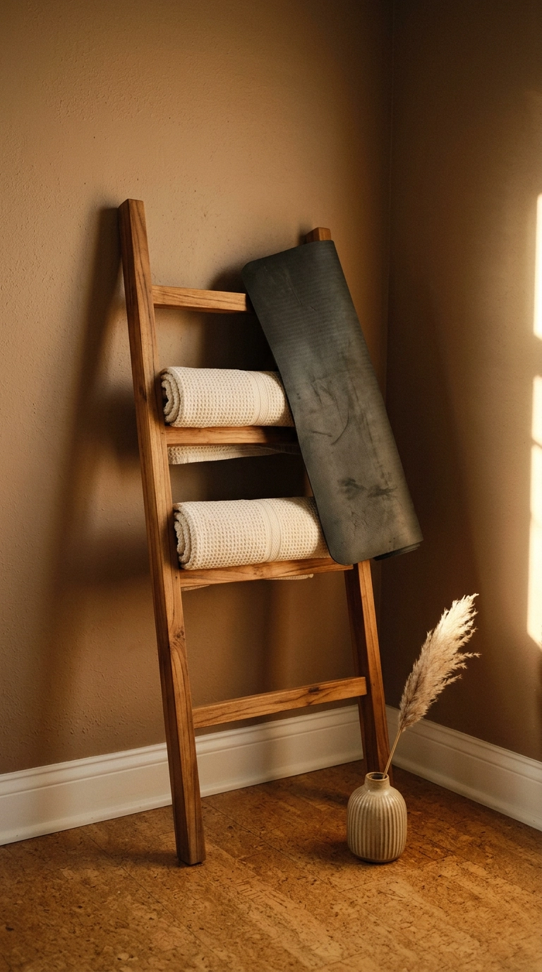 Teak leaning ladder holding rolled towels and a mat in the corner of a clay-painted home gym