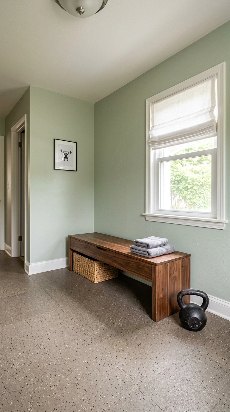 Walnut storage bench with a woven basket in a sage green home gym with grey rubber flooring