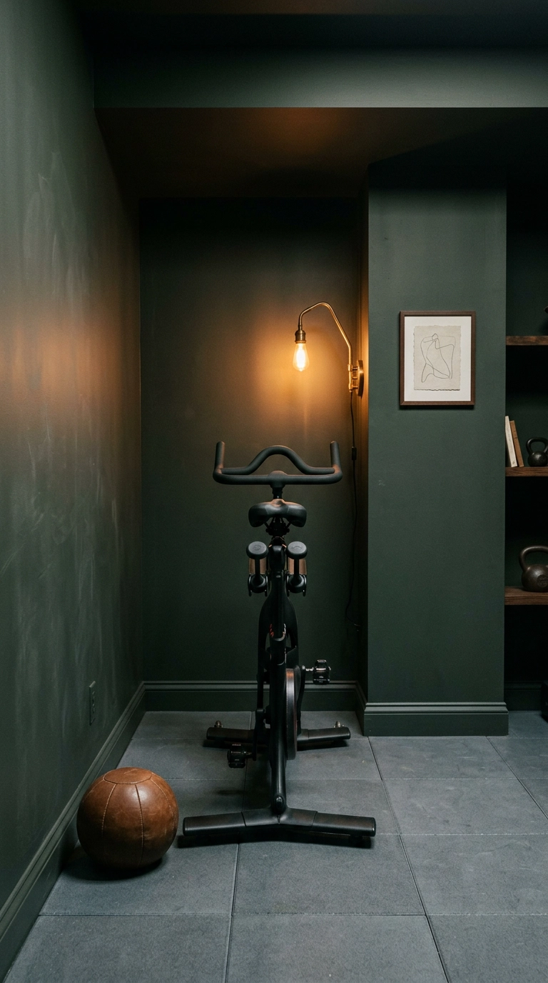 Basement home gym with walls and ceiling color drenched in deep charcoal-green and a brass wall sconce