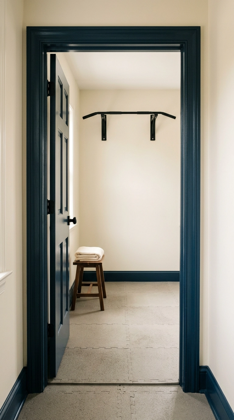 Home gym doorway with ink blue painted trim and door against warm bone-white walls