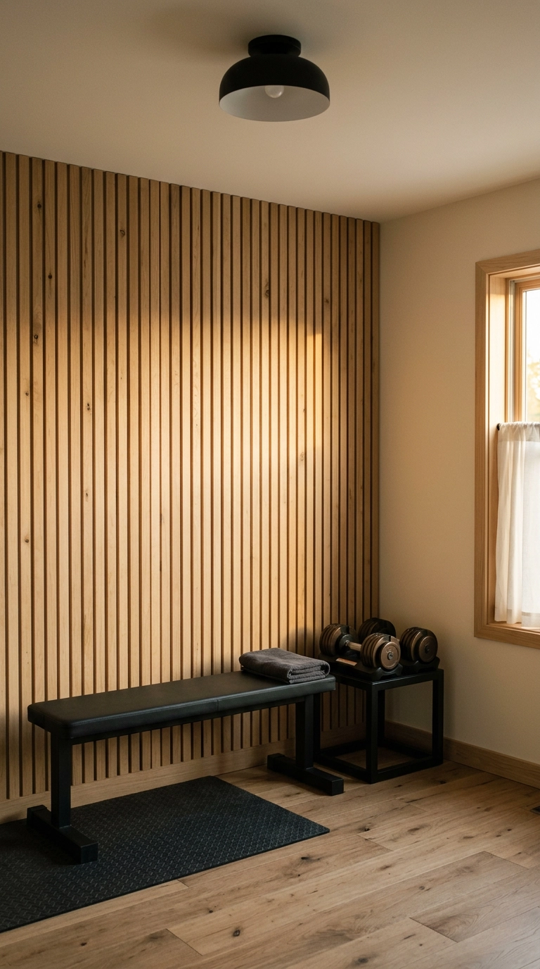 Home gym with a vertical white oak slat wood accent wall behind a black weight bench and dumbbells