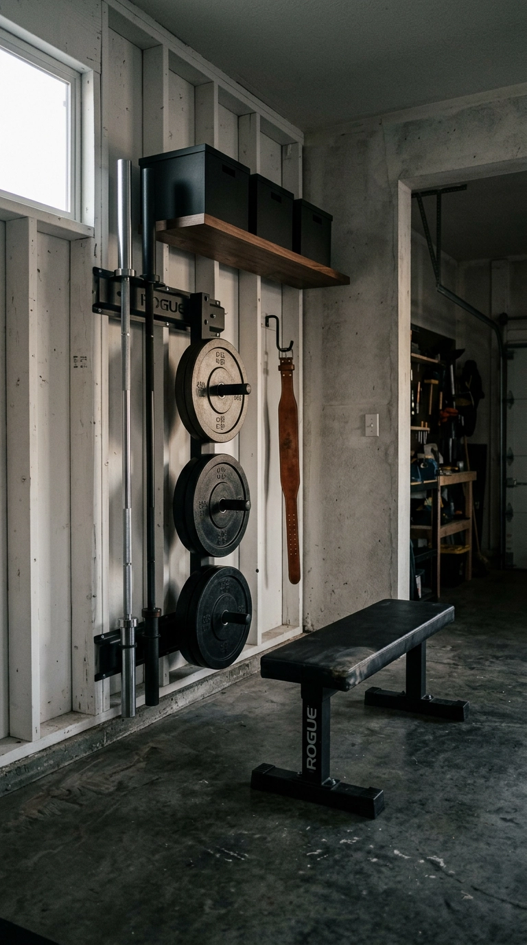 Garage gym corner with black steel vertical storage for weight plates and barbells on a white stud wall