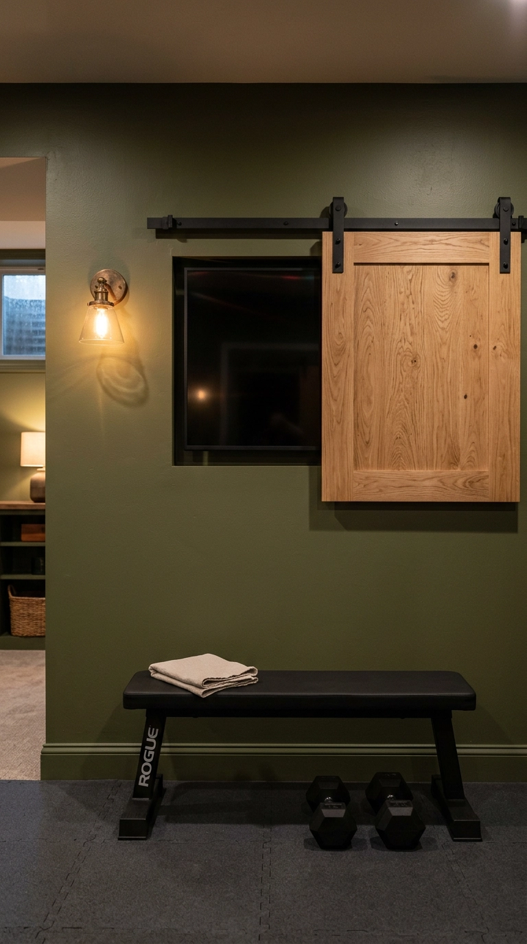 Home gym television concealed behind a sliding white oak panel on an olive green wall