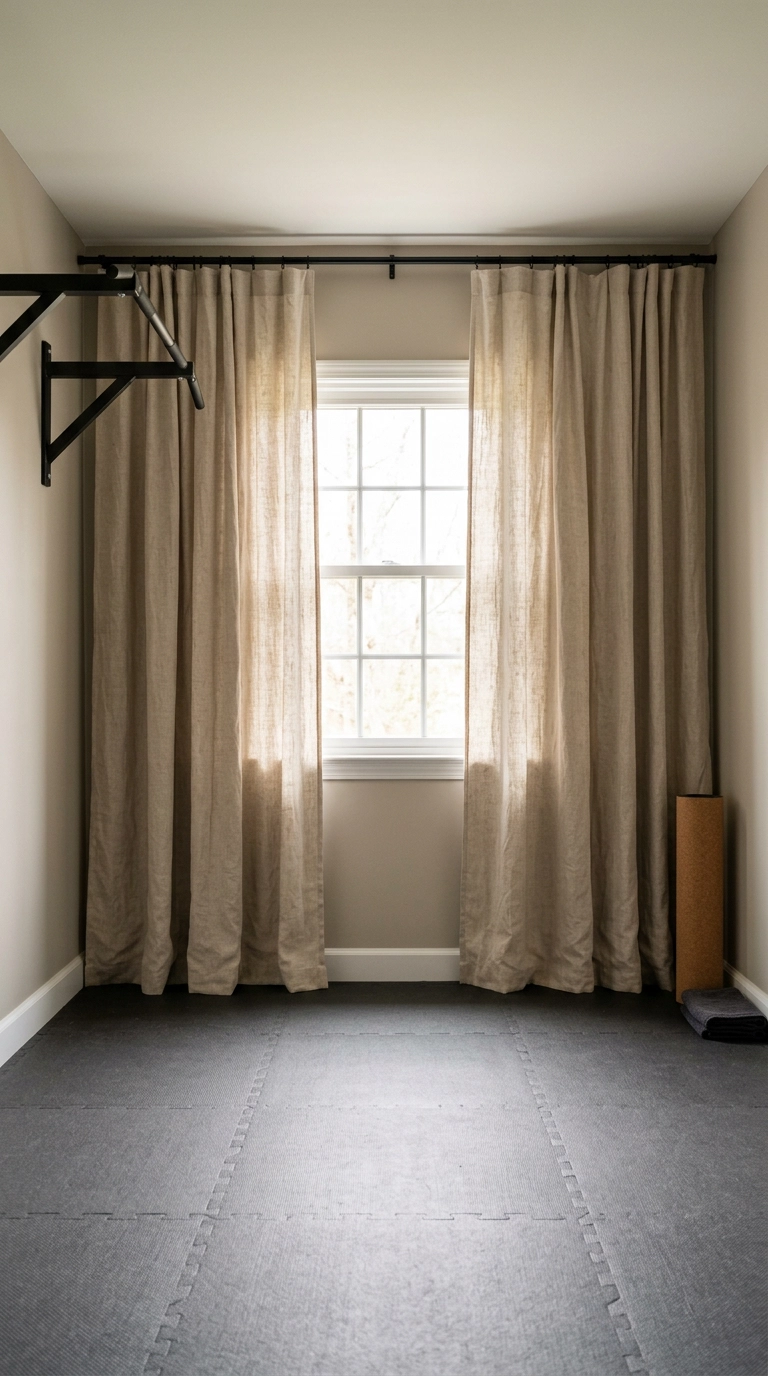 Home gym window with floor-to-ceiling oatmeal linen curtains hung high near the ceiling