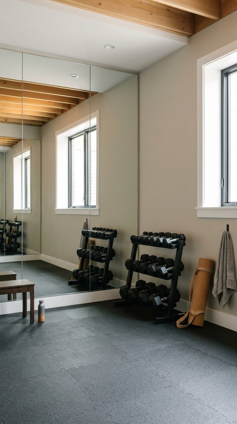 Small home gym in a basement with a floor-to-ceiling mirror wall, charcoal rubber flooring, and a black dumbbell rack