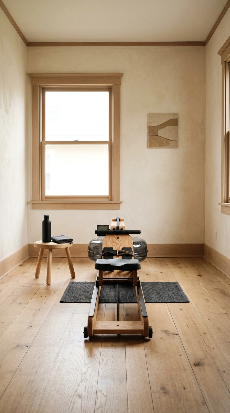 Wooden water rowing machine as the focal point in a bright minimalist home gym with plaster walls
