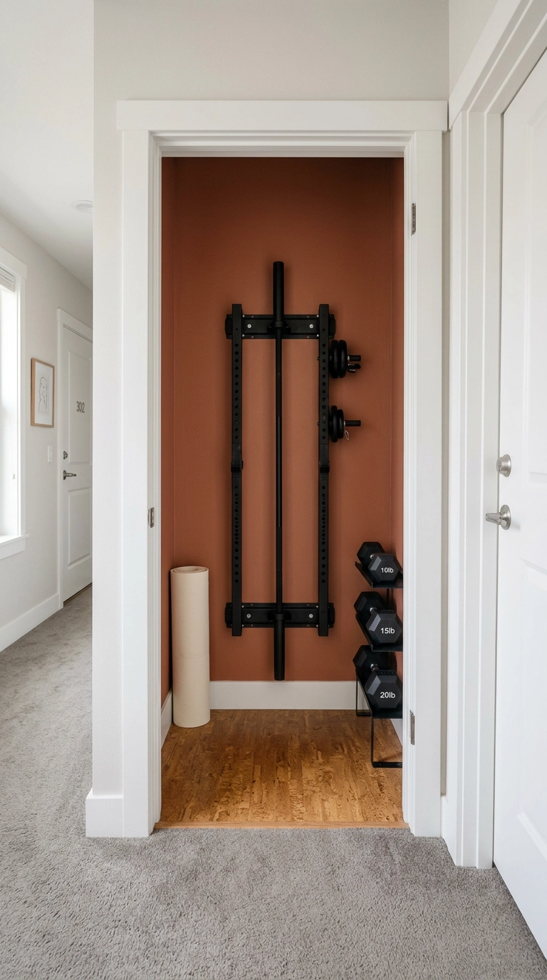 Reach-in closet converted into a compact home gym nook with terracotta back wall and a folding squat rack