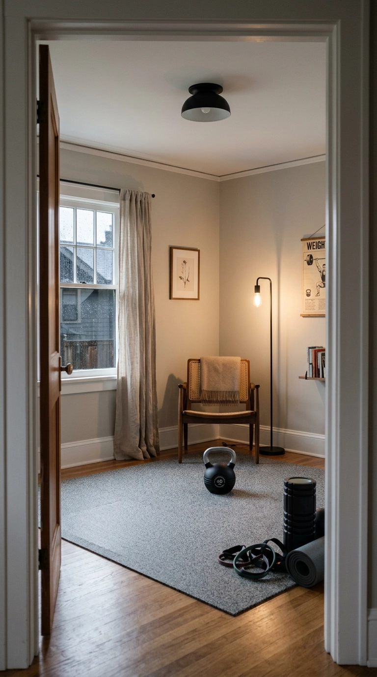 Spare bedroom home gym lit by a warm floor lamp and black flush mount ceiling light at dusk
