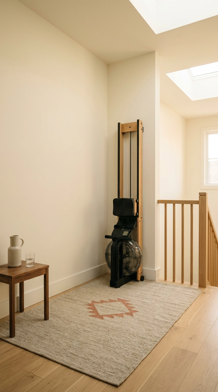 Loft landing home gym with a wood and black rowing machine on a muted oatmeal flatweave wool rug