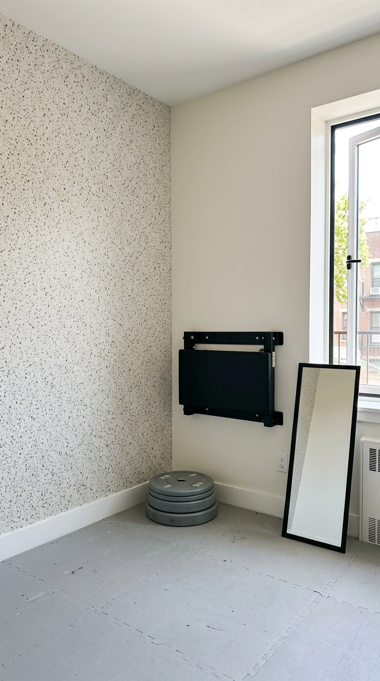 Apartment home gym with a grey and cream terrazzo peel-and-stick wallpaper accent wall