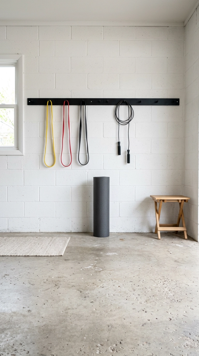 Garage corner home gym with a black steel peg rail holding bands and a jump rope on a white block wall