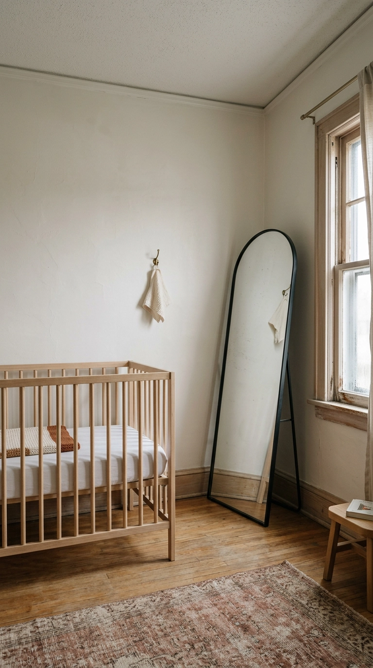 Tall arched leaning mirror angled in a small north facing nursery