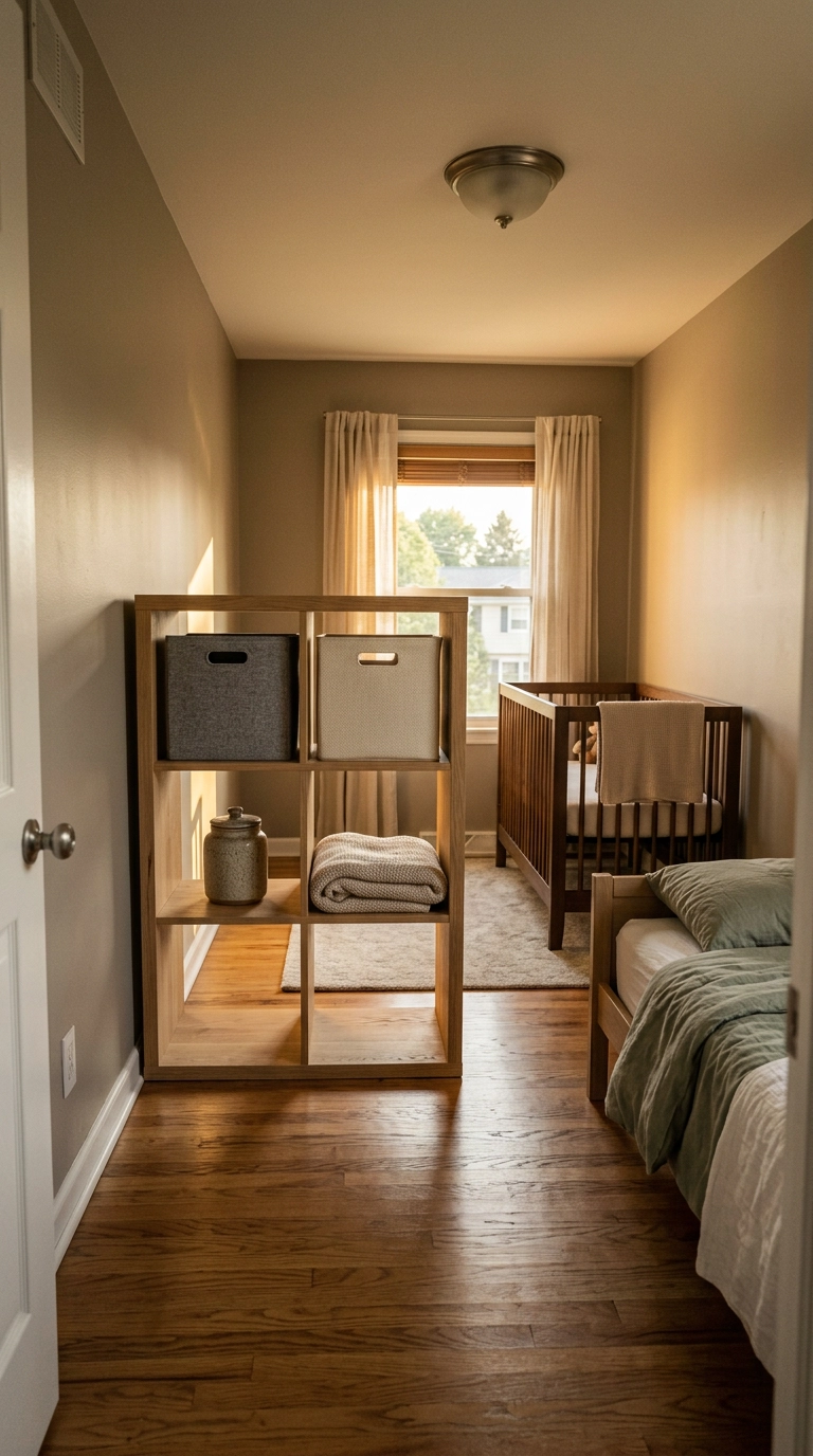 Open oak cube shelf dividing a shared bedroom into a nursery zone