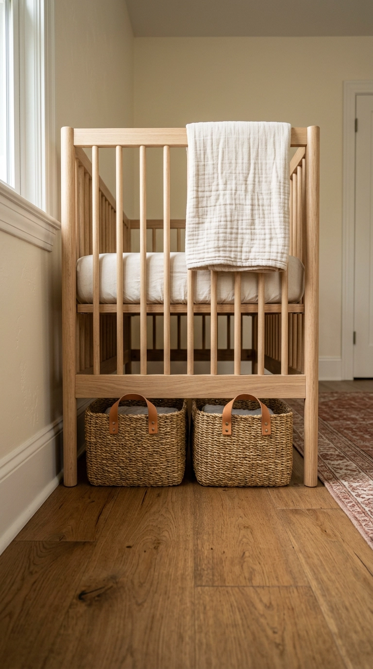 Woven seagrass storage baskets tucked under a white oak crib