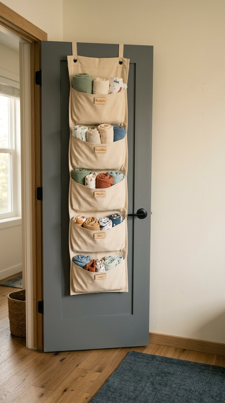 Canvas over the door organizer with sand colored pockets on a charcoal nursery door