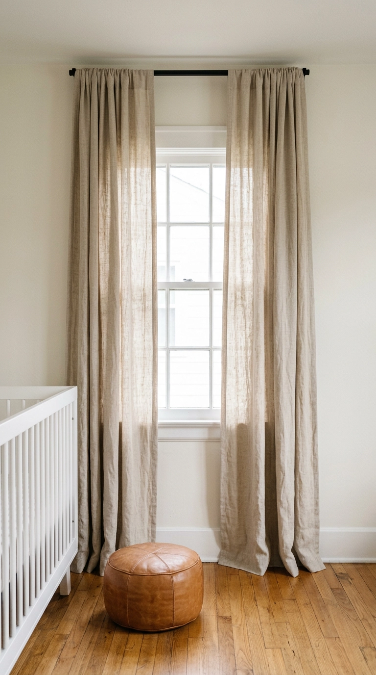 Floor to ceiling oatmeal linen curtains in a small nursery