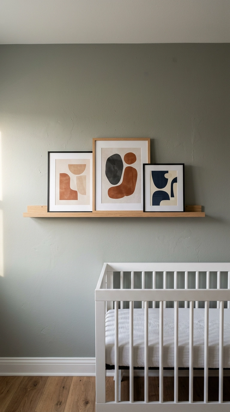 Slim oak picture ledge with three leaning art prints in a small nursery