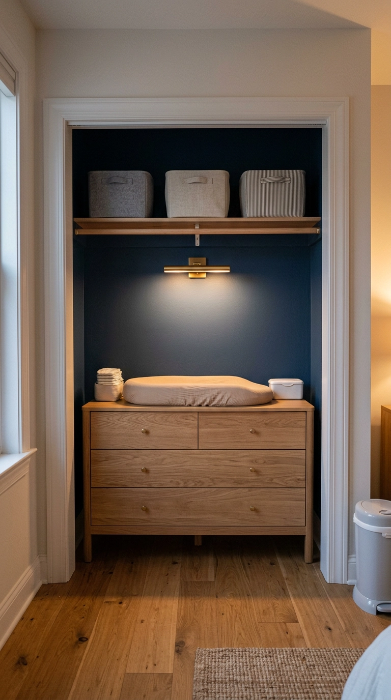 Closet converted into a nursery changing station with navy interior and oak dresser