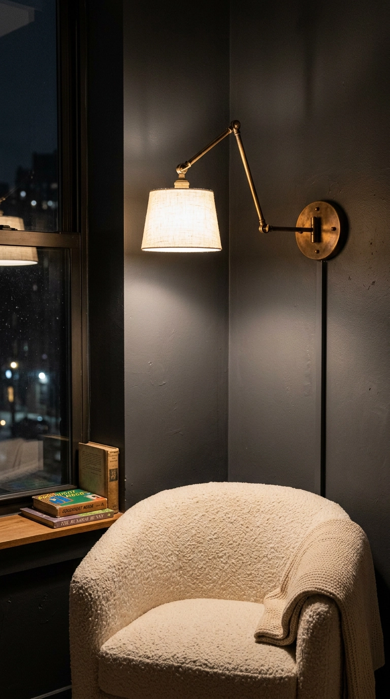 Brass swing arm sconce mounted above a nursery chair on a charcoal wall