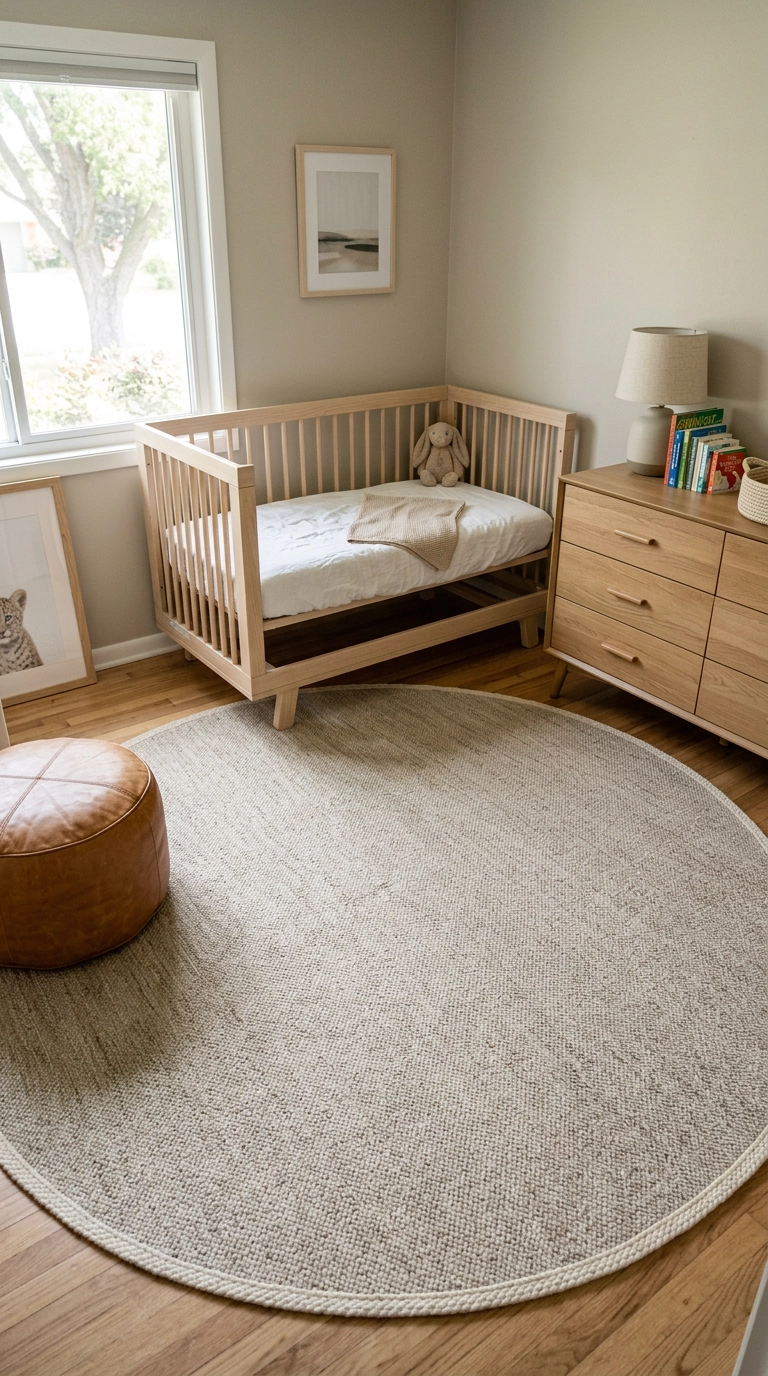 Large round oatmeal wool rug filling the floor of a small nursery