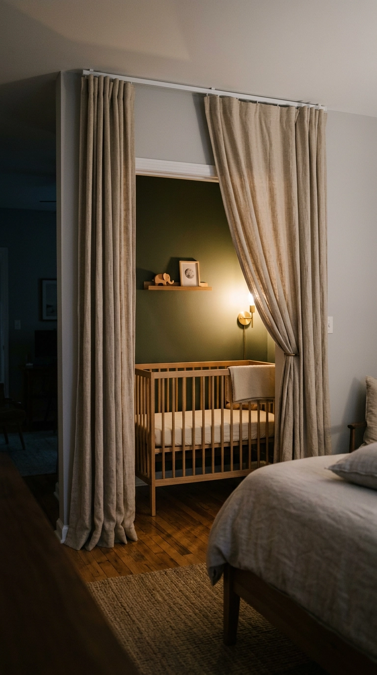 Nursery alcove in a bedroom separated by a linen curtain on a ceiling track